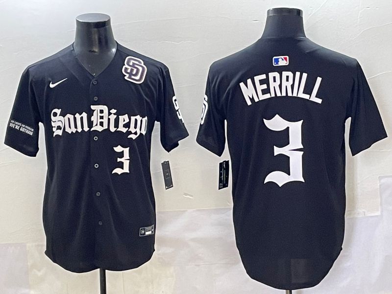 Men 2025 San Diego Padres 3 Merrill Black Five generations Joint Name Nike MLB Jersey style 10